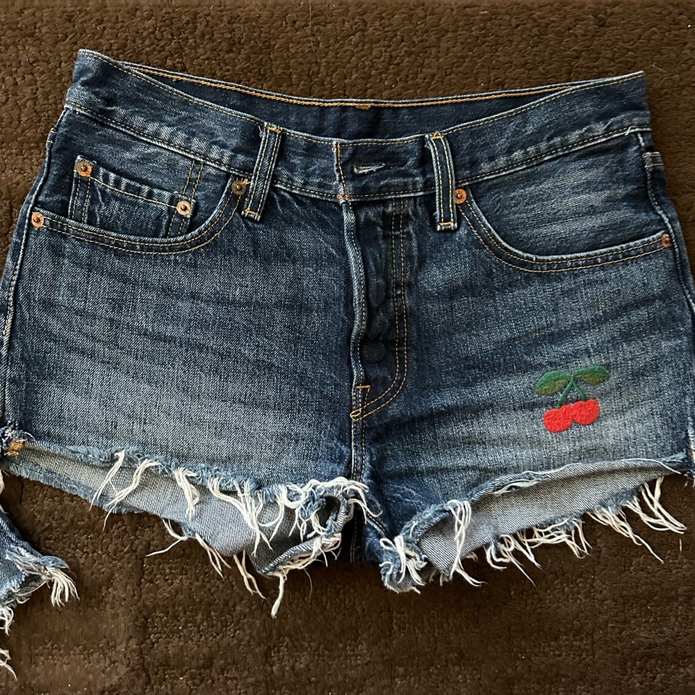 Levi's Blue Frayed Jean Shorts with Cherry Embroidery